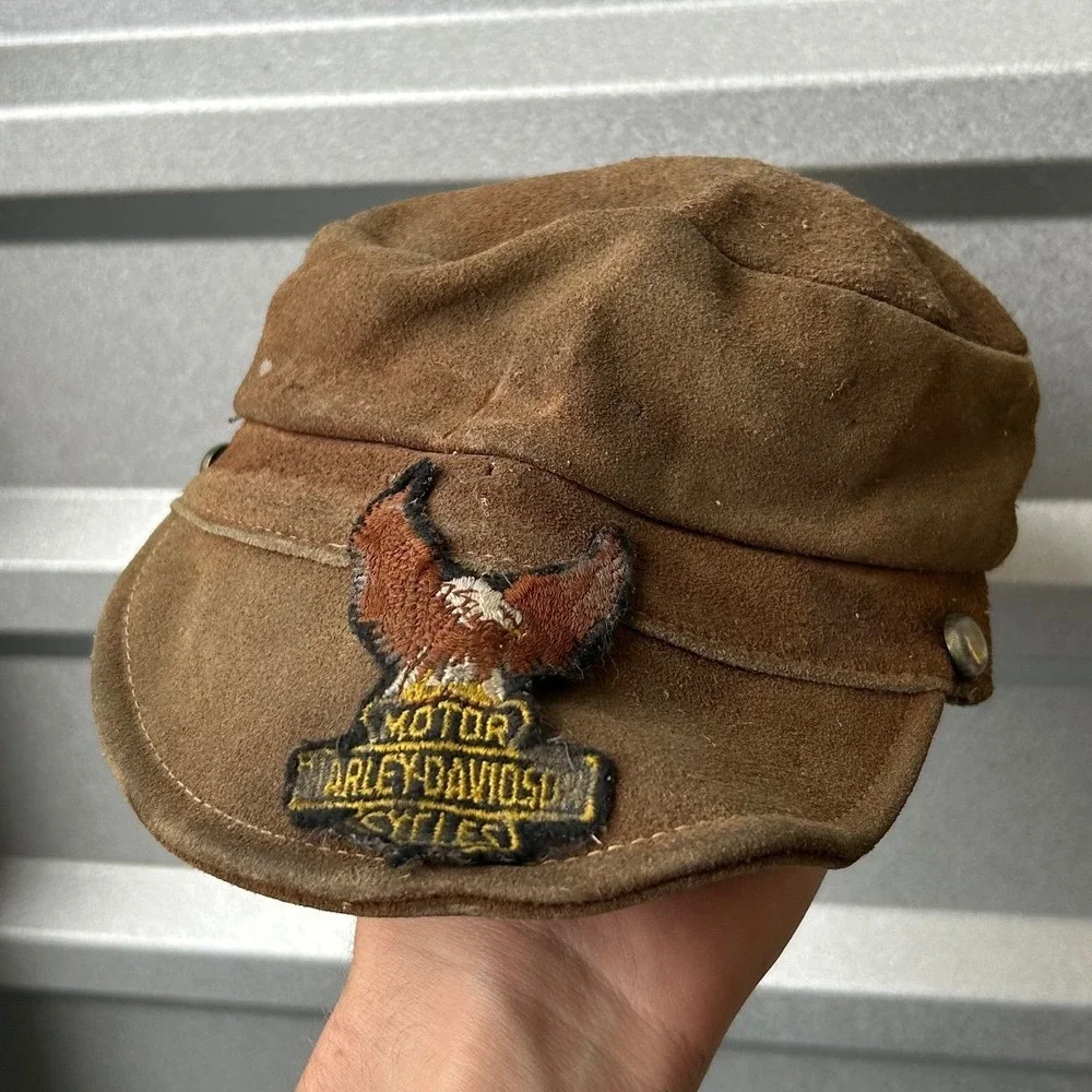 Vintage 1940s Harley Davidson Leather Motorcycle Cap Brown Biker Hat Eagle Patch